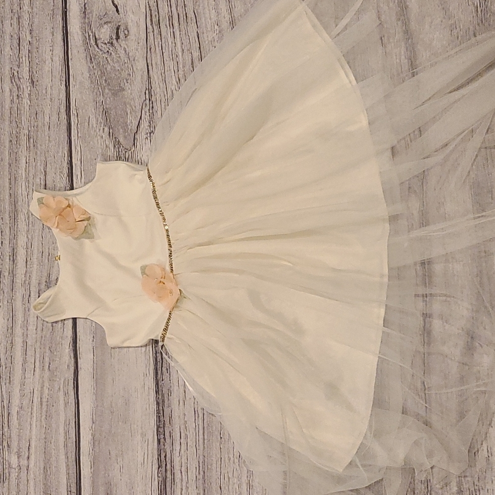 Girl's formal dress with cream shell, decorative peach flowers, gold and lace